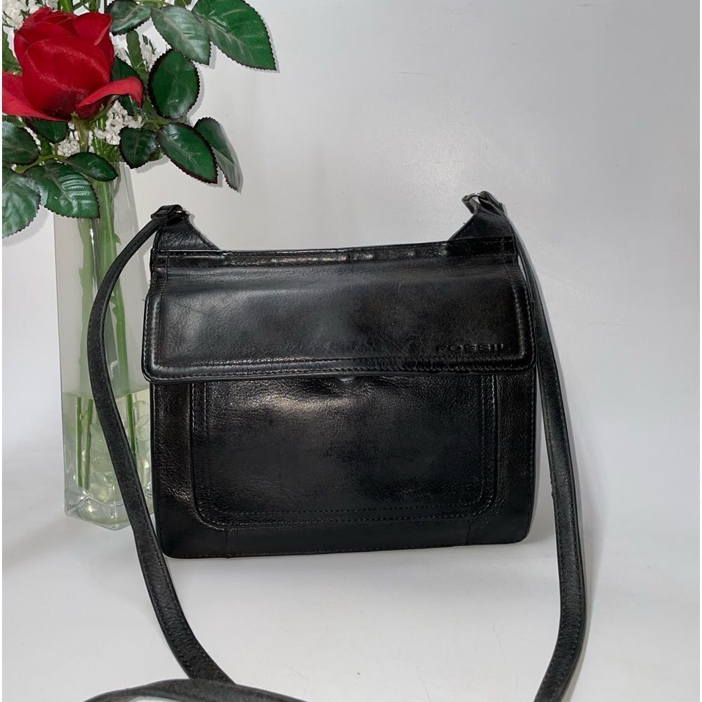 Vintage Fossil Leather Organizer Crossbody Black Small